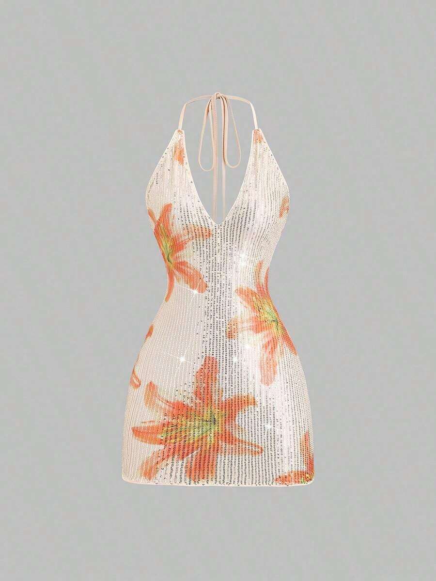 Vestido mini elegante y romántico para mujer con estampado floral y de lentejuelas, cuello en V y espalda descubierta con tirantes anudados, adecuado para vacaciones, fiestas y reuniones, primavera/verano - Multicolor - Ver 1