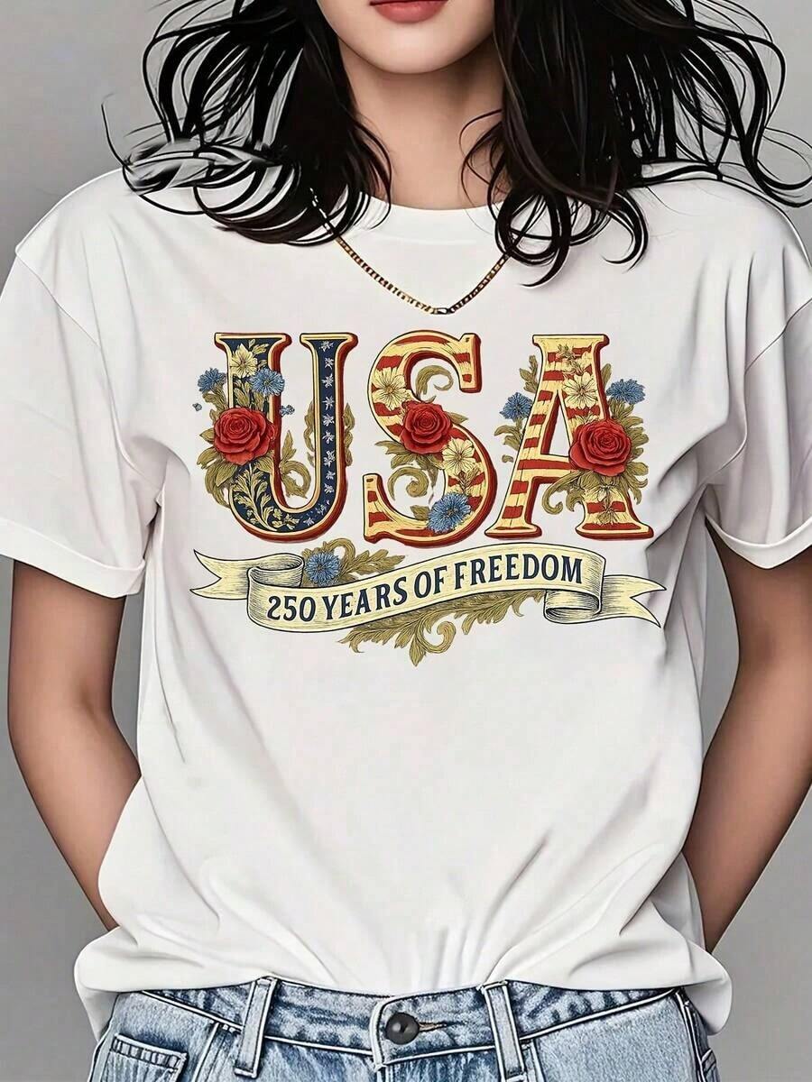 Camiseta de Cuello Redondo para Mujer, Diseño Floral con el Lema "250 Años de Libertad" de EE. UU., Manga Corta, Ropa Casual Patriótica para Celebración del Día de la Independencia, Ropa Fresca de Verano para Mujer - Blanco - Ver 1