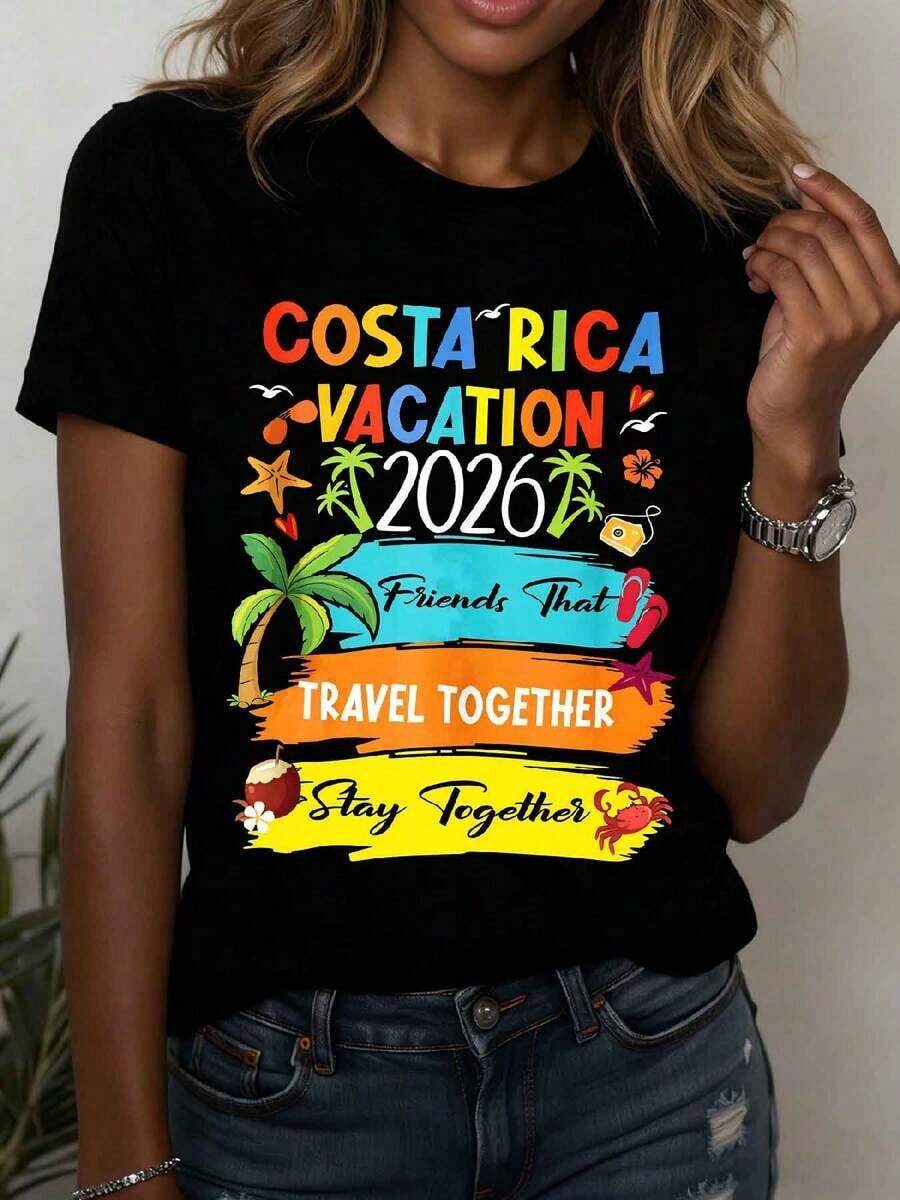 Camiseta de mujer Rica Vacation, estilo minimalista casual, diseño tropical, ideal para viajes en grupo, regalo perfecto para amantes de los viajes y mejores amigas, ideal para celebrar el Día de la Madre en abril y mayo, y también un regalo ideal para familiares. - Negro - Ver 1