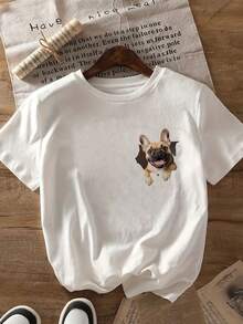 Camiseta estampada de manga corta con diseño de Bulldog Francés, top casual para mujer con temática de mascotas, camiseta casual de manga corta y cuello redondo, adecuada para verano y primavera, ropa de mujer 100% algodón. - Blanco - Ver 3