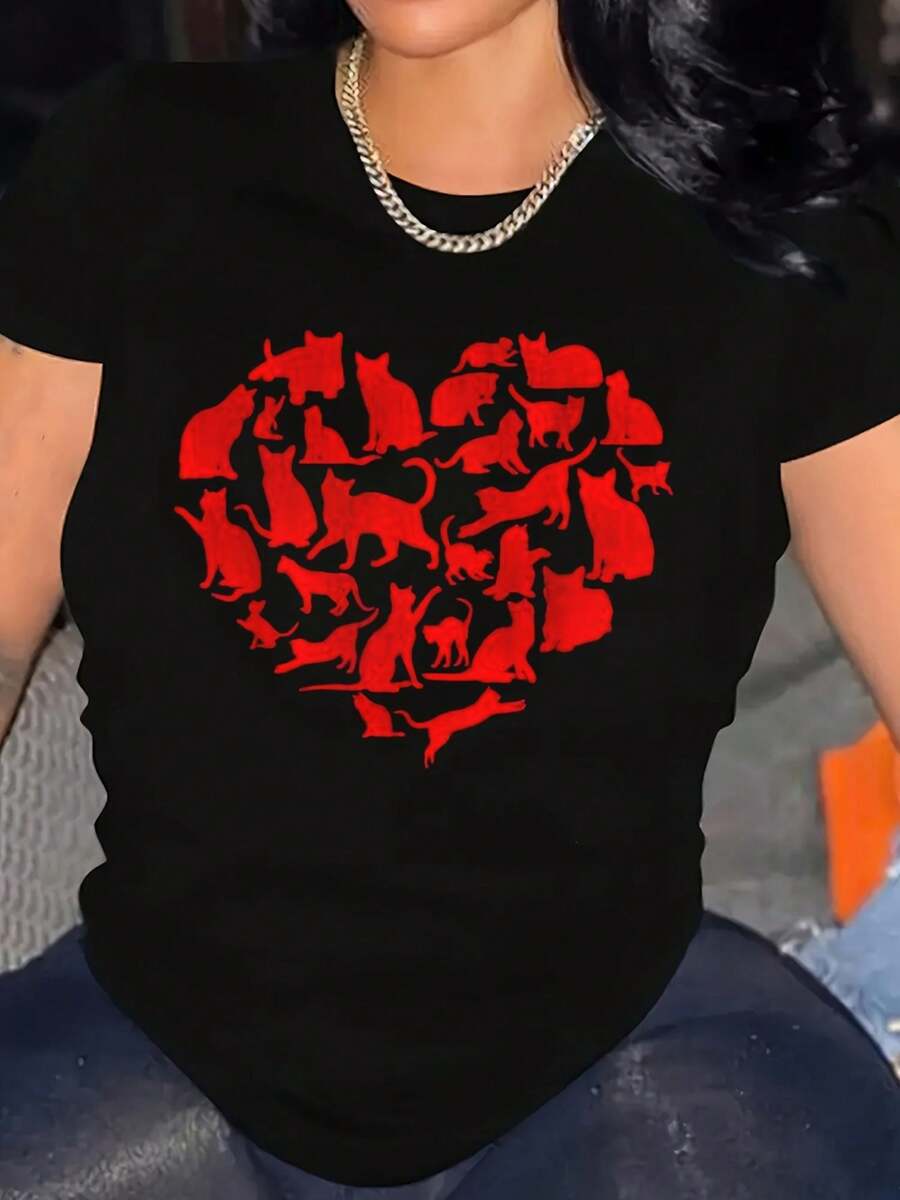 Camiseta Vintage de Talla para Mujer con Estampado de Corazón de Gato - Negra con Siluetas de Gato Coloridas en Rojo, Diseño para San Valentín y Navidad, Manga Corta, Cuello Redondo, Estilo Casual y Cómodo para Amantes de los Gatos, Adecuada para Todas las Temporadas - Camiseta Vintage de Estilo Urbano Unisex, Holgada, de Algodón, Manga Corta y Cuello Redondo - Negro - Ver 1