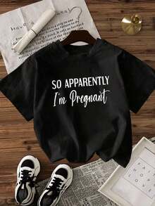 Camiseta de mujer, corte holgado casual, opciones en negro y blanco, estampado gráfico 'Así que aparentemente estoy embarazada', camisetas de maternidad, camisetas de verano, camisetas gráficas, conjuntos de verano, camisetas gráficas para mujer, tops cortos para mujer, blusas para mujer, ropa vintage de algodón, ropa linda para mujer. - Negro - Ver 3