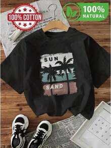 Playera de Moda Hombre 100% Algodón Estilo Verano con Diseño de Palmeras Sun Salt Sand Ideal para Playa Look Casual Juvenil en Color Negro - Negro - Ver 12