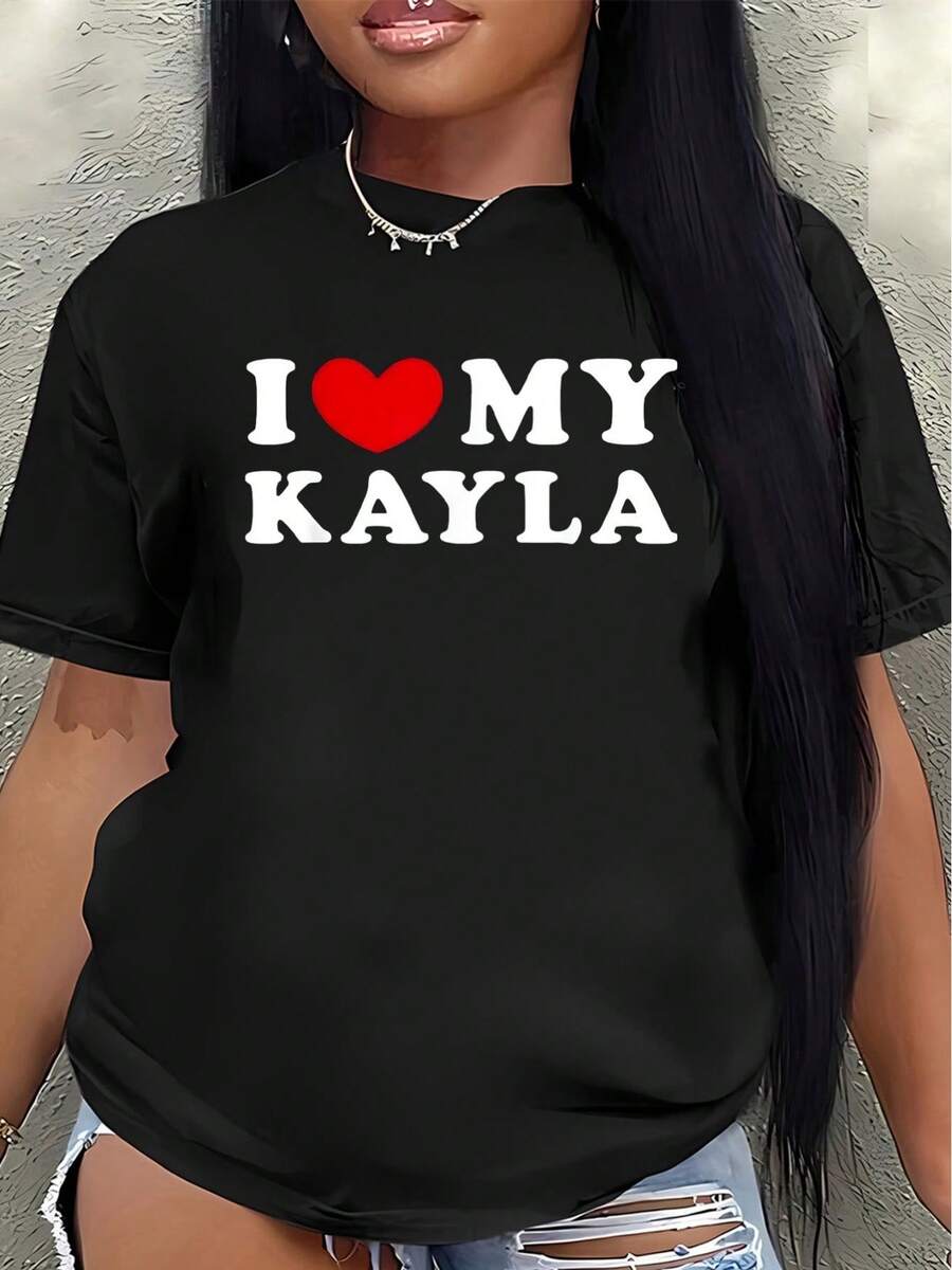 Short-Sleeved Polyester T-Shirt With "I Love My Keira" Print, Suitable For Casual Wear At Home And In Restaurants, Comfortable And Lightweight For Everyday Use. Women's Casual Blouse - 黑色 - 查看 1