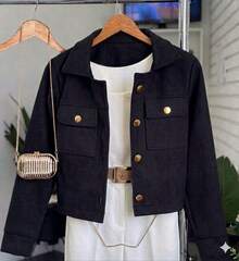 Women's Long Sleeve Wool Jacket With Buttons, Front Pockets, Fitted, For Cold Winter. - 黑色 - 查看 1