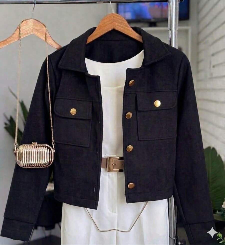 Women's Long Sleeve Wool Jacket With Buttons, Front Pockets, Fitted, For Cold Winter. - 黑色 - 查看 1