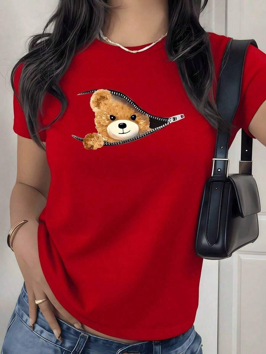 1 Piece, 180g, Women's Casual T-Shirt With Graphic Bear Print, Cute T-Shirt With Zipper Closure And Teddy Bear Design, 100% Cotton, Round Neck, Relaxed Fit. - 紅色 - 查看 1