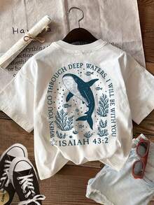 [Impresión a doble cara] Camiseta casual de verano para mujer, estilo vintage, con estampado de ballena, algas marinas y "WHEN YOU GO THROUGH DEEP", cuello redondo, camiseta de manga corta de algodón puro, cómoda y suave, camiseta de algodón para uso diario. - Blanco - Ver 2