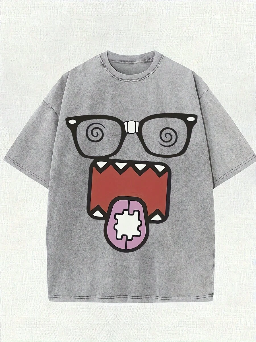Camiseta de estilo urbano vintage lavada 100% algodón de 220 g para hombre y mujer - Personaje de dibujos animados divertido con gafas de montura negra y estampado de remolinos rosas, cuello redondo holgado, manga corta, top casual de verano, camiseta con estampado divertido, camisa de textura suave. - Gris Claro - Ver 1