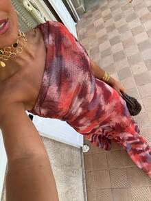 Vestido de fiesta verano tul estampado hombros al descubierto ajustado favorecedor ideal para vacaciones estilo europeo elegante - Rojo - Ver 7