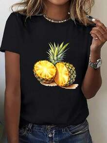 Camiseta de piña tropical con estampado vibrante y diseño moderno para mujeres. Estilo casual para días soleados y reuniones informales. Disponible en talla S, M, L, XL y color negro. Ropa de moda y  en prendas de verano. - Negro - Ver 8