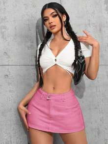 Tall Minifalda vaquera ultracorta, de moda para el verano - Rosa - Ver 3