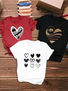 Artículo de moda: Camiseta casual de manga corta para mujer con 3 piezas/set de camisetas de manga suitable for streetwear, Top oversized cuello redondo daily outings, camping, concerts, hip-hop, rock, and rap events estampado en forma de corazón, camiseta de manga corta con cuello redondo para mujer, top deportivo casual transpirable de algodón puro, regalo para vacaciones, camiseta de primavera con diseño de mariposa para Pascua. - Negro - Ver 8