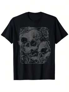 Camiseta de hombre con estampado de calaveras y rosas, estilo gótico, manga corta, cuello redondo, top casual de verano para hombre, blusas para mujer, blusas casuales para mujer, atuendo de fiesta, moda moderna, estilo urbano, uso diario, ropa para clima cálido, ropa diaria de verano. - Negro - Ver 7