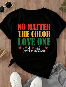 Camiseta Casual para Mujer con Estampado de Arcoíris "Love One Another" para Uso Diario y Día de San Valentín - Negro - Ver 2
