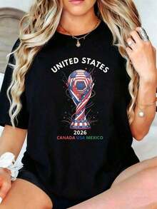 Women's Casual Style T-Shirt FIFA2026, USA World Cup 2026, Graphic Design Of Canada, USA And Mexico, Summer Clothing, Gift For Soccer Fans - 黑色 - 查看 1