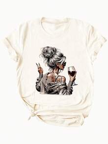 Women's T-shirt Camiseta de manga corta para mujer, con estampado de chica de verano en la espalda, cuello redondo ajustado y estilo moderno. - Albaricoque - Ver 1