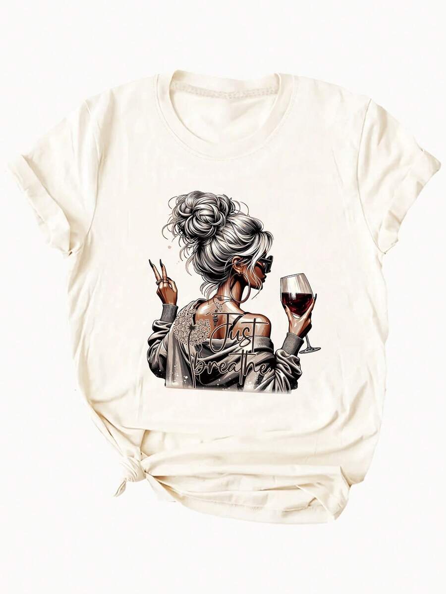 Women's T-shirt Camiseta de manga corta para mujer, con estampado de chica de verano en la espalda, cuello redondo ajustado y estilo moderno. - Albaricoque - Ver 1
