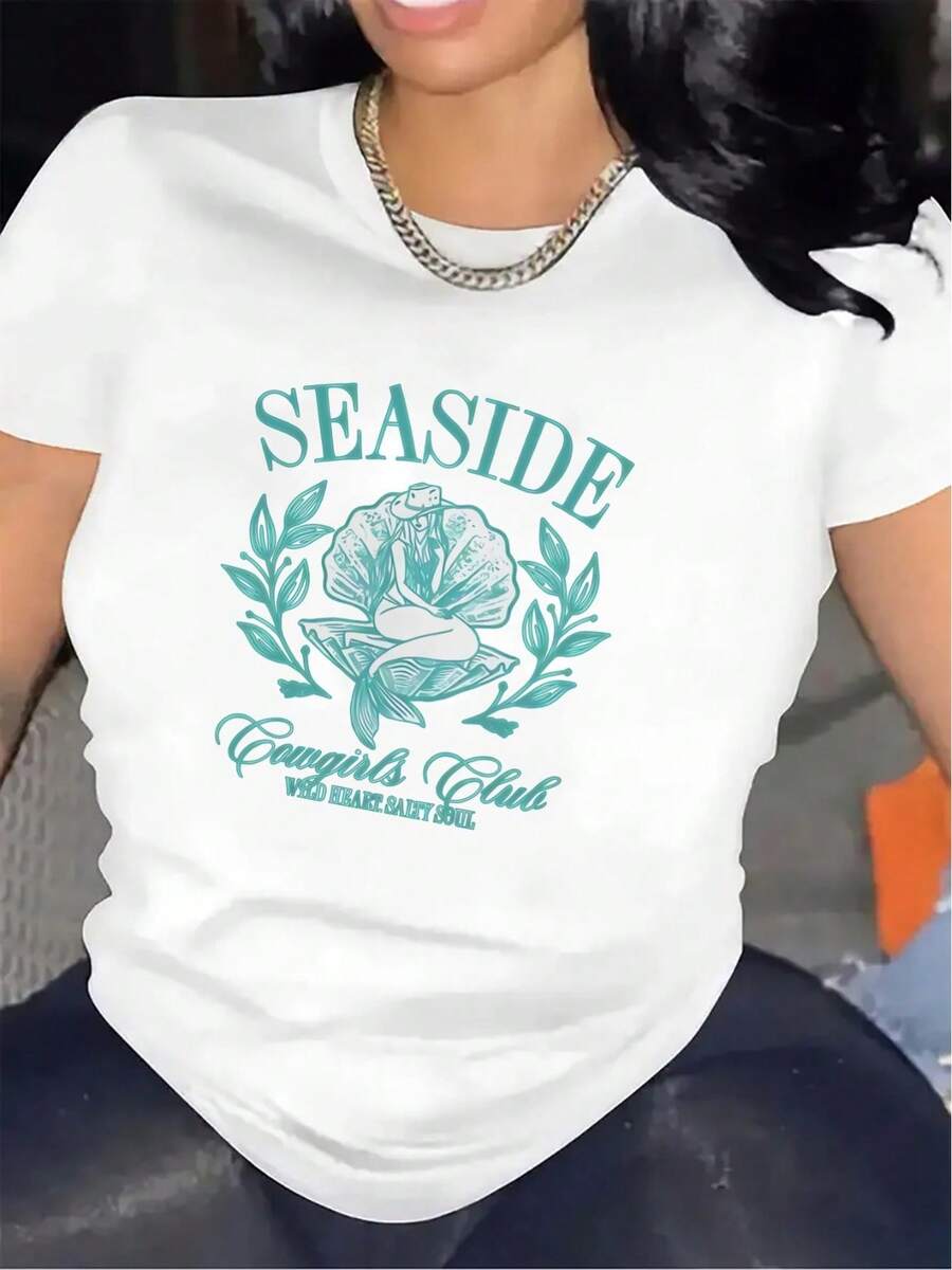 2026 Women's Seaside Cowgirl Club Short-Sleeve T-Shirt, Lightweight, Ideal For Casual Outings To The Beach, Eating Out Or Relaxing. Features A Comfortable And Durable Design With A Turquoise Blue Rose Graphic Print. - 白色 - 查看 1