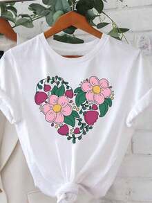 Camiseta Vintage Floral con Corazón para Mujer 2026 - Blusa de manga corta adecuada para conjuntos de primavera y verano, top casual para citas con elasticidad media, camiseta natural no transparente, lavable a máquina para brunch, picnic y uso casual. - Blanco - Ver 7