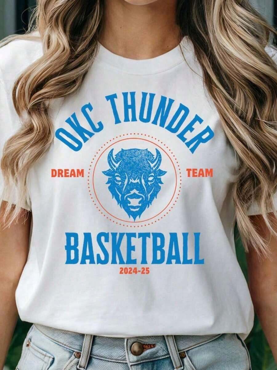 OKC Thunder Basketball Large Letter Adult T-Shirt - 白色 7 - 查看 1