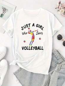 Camiseta Deportiva Casual para Mujer con Estampado Creativo de Chica Jugando Voleibol, Cuello Redondo, Manga Corta, Top Cómodo de Verano para Vacaciones - Blanco - Ver 2