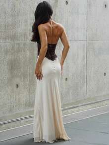 Vestido nueva llegada satén y encaje, cuello colgante con calado elegante - Negro mate - Ver 3