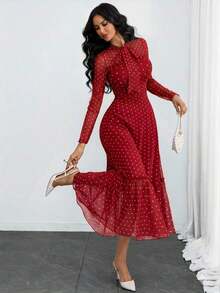 Vestido elegante, sexy y romántico de mujer con estampado de lunares y doble capa con lazo, adecuado para el trabajo, citas y vacaciones de primavera - Gris - Ver 6