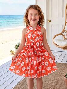 Summer Girls Casual Ditsy Floral Halter Pleated Dress - Burnt Orange - View 1