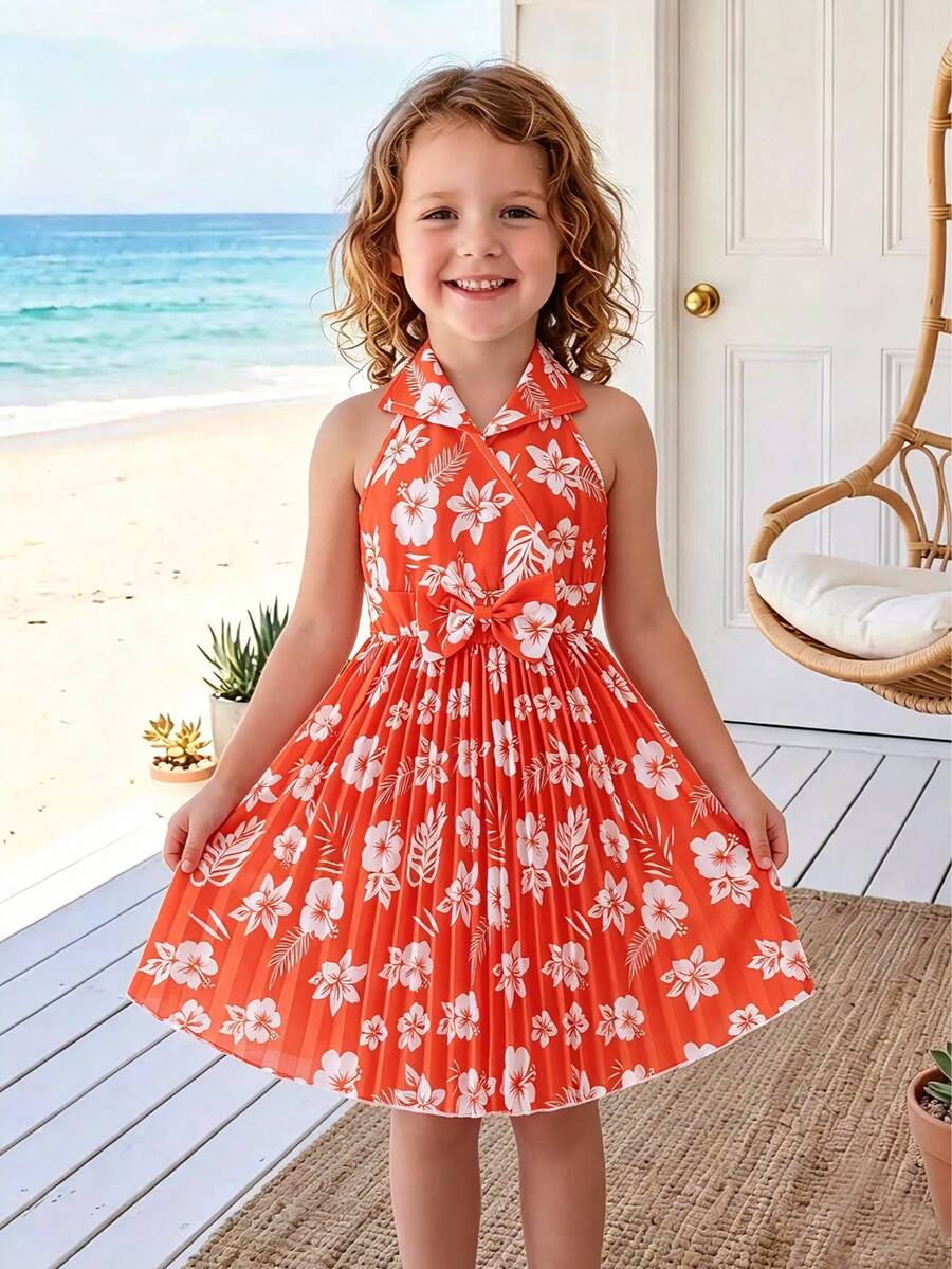 Summer Girls Casual Ditsy Floral Halter Pleated Dress - Burnt Orange - View 1