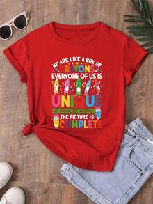 Camiseta de Cuello Redondo con Estampado de Crayones, Diseño Simple y Versátil, Camiseta de Manga Corta para Mujer, Nueva Moda Primavera Verano, Camiseta Casual de Algodón para Mujer - Rojo - Ver 2
