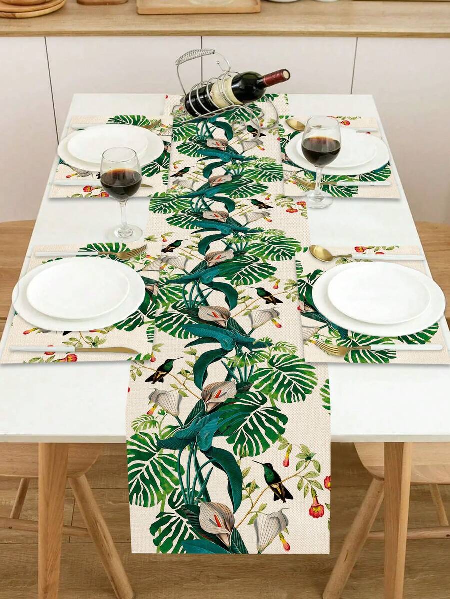 1 Stück Tischläufer mit tropischem Blattmuster, 4 Stück Tischsets mit tropischem Blattmuster, geeignet für Feiertage, Partys, Geburtstage, Abendessen, Küchen- und Esszimmer Tischdekoration, ganzjährig einsetzbar, Heimtextil Dekoration - Verschiedenfarbig - Übersicht 1