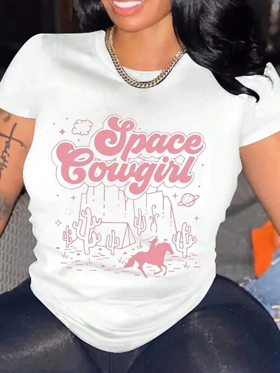 Suave Space-Cowgirls-Bachelorette-Party-Rodeo-Girls-Women-T-Shirt_Scb2510530-At_Black_Product_Image Mismo Estilo Para Hombres Y Mujeres Camiseta Estampada De Manga Corta De Verano Algodón Puro 200G-1-1, blusas casuales, playeras de mujer algodón - Blanco - Ver 1