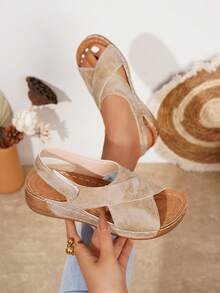 Plus Size Women's Retro Solid Color Buckle Platform Wedge Sandals - Brown - View 2