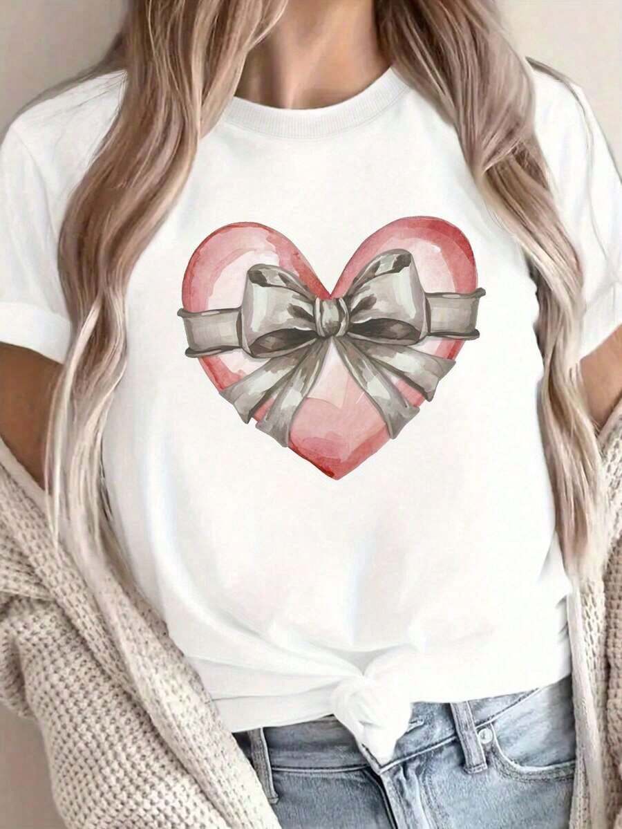playeras de mujer algodon Camiseta de cuello redondo con estampado de corazón y lazo, camiseta casual de manga corta para primavera y verano, ropa de mujer. >ropa - Blanco - Ver 1