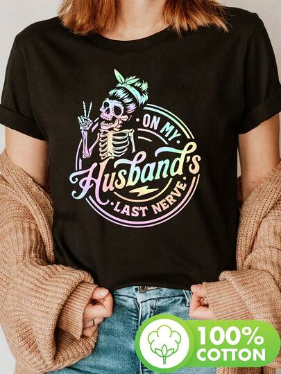 Diseño Simple y Versátil: Camiseta de algodón para mujer con estampado de calaveras femeninas en colores degradados y diseño de esqueleto nervioso, manga corta, cuello redondo, estilo casual para verano y primavera.