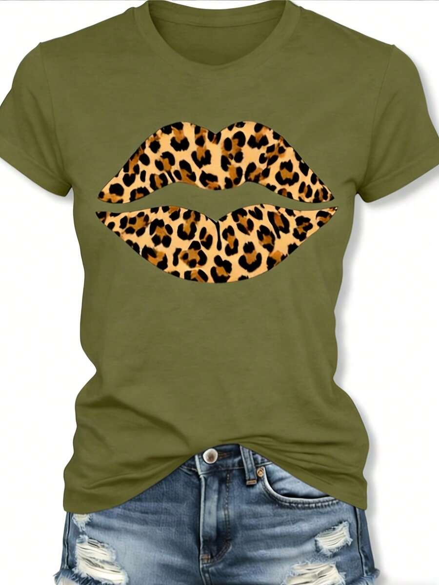 Women's Short Sleeve T-Shirt, New And Fashionable 2026 - Leopard Lips Print T-Shirt, Casual Crew Neck, Soft And Stretchy Fabric, Machine Washable, Fashionable Summer Top, Clothing, Custom T-Shirt, Comfortable And Fitted, Gift For Easter And Mother's Day, Streetwear. DRGK - 橄欖綠-1 - 查看 1