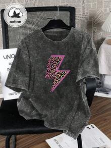 大尺碼女款豹紋閃電圖案棉混紡T恤，黑色，適合休閒日常穿著，夏季上衣 - 黑色 - 查看 3