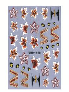 SWEET TREND 5D Brown Hibiscus Nail Stickers 2pcs Y2K Gradient Flower Petal Leopard Print Chain Line French Design DIY Autumn Winter Gothic Floral Print Retro Fashion Self-Adhesive Gel Polish Salon Manicure Tips Decal Slider Nail Art Decoration Nail Supplies - Multicolor - View 3