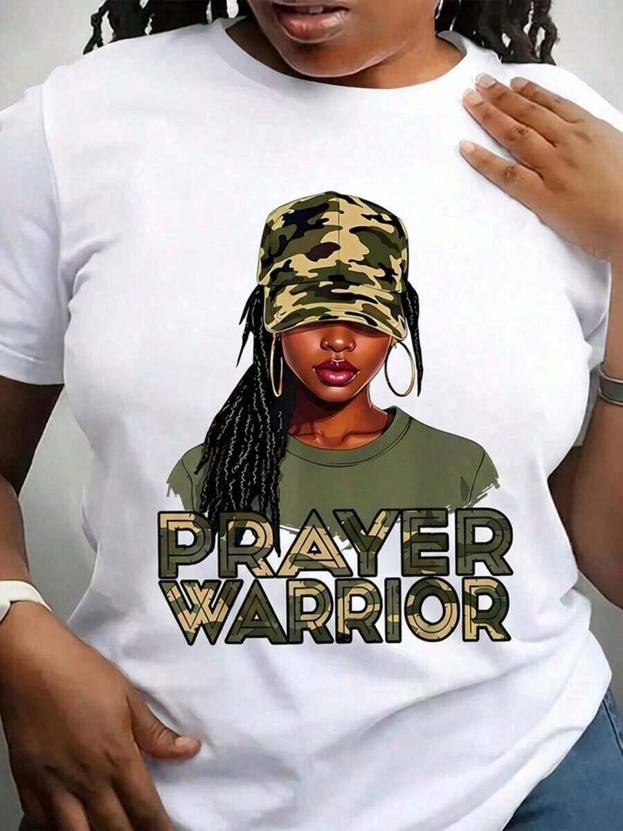 Camiseta de ujer con Estampado de Guerrero en Oración, Capa Base Casual para alidas Diarias, Uso en Todas las Temporadas, Ajuste Cómodo, Cuello Redondo, Top con Gráficos InspiradoresTraje de fiesta elegante,T-shirt para damas elegantes,Blusas adecuadas para mujeres con curvas,Faldas de graduación,Ropa casualEstampado de animales adorables ,Estampado de letras divertidas - Blanco - Ver 1
