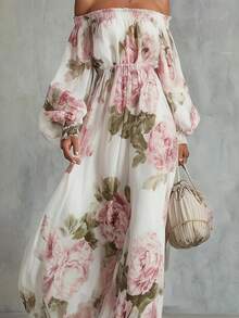 Vestido nuevo de moda, éxito de , estampado, hombros descubiertos, manga de farol, diseño elegante, favorecedor, perfecto para looks de día, citas, eventos y ocasiones especiales - Blanco - Ver 5