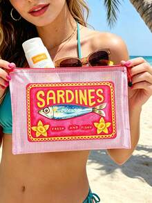 Bolsa de playa de malla impermeable multicolor de moda con estampado colorido "SARDINGS", estampado de patrón de sardinas, bolsa de maquillaje transparente de gran capacidad, bolsa de maquillaje con cremallera de nailon, ligera, puede almacenar protector solar, aperitivos, bikini y artículos esenciales de playa. Almacenamiento de primavera/verano, duradera, perfecta para nadar, regalo de vuelta al colegio - Multicolor - Ver 4