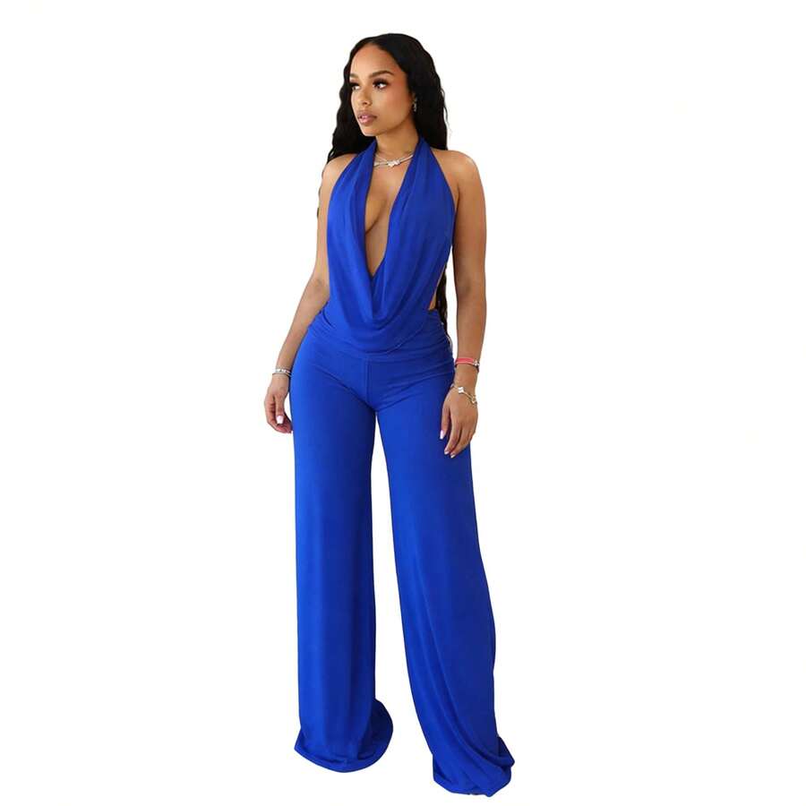 2-Piece Women's Outfit: Sexy Halter Neck, Low-Back, Tie-String, Solid Color Mesh Two-Piece Set - Màu xanh lam - Xem 1
