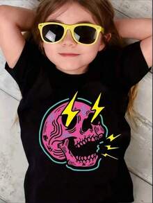 Camisetas de moda nuevasGirls' Cartoon Skull Print T-Shirt - Casual Crew Neck, Girls Knit Cotton Top With Slight Stretch, Regular Fit For Spring/Summer/Fall Kids Clothes,Camisas para mujer, la opción perfecta para los atuendos del Día de San Valentín,camisetas gráficas divertidas para hombre, camisetas gráficas de estilo coreano,camisas para niñas, camisetas para niños. - Negro - Ver 6