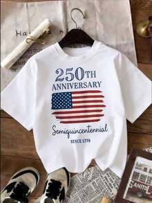 Women's Short-Sleeved T-Shirt With American Flag Print For The 250th Semi-Quincentennial Anniversary Since 1776, Crew Neck, For Independence Day Celebration, Patriotic Events And National Holidays. - 白色 - 查看 2