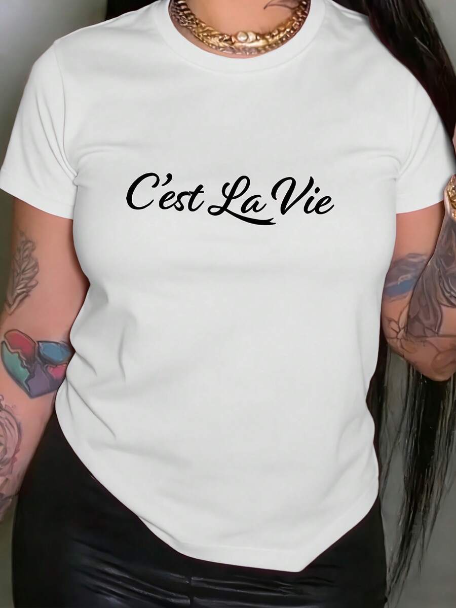 Camiseta de Mujer con Estampado "This is Life", Manga Corta, Cuello Redondo, Estilo Casual, Adecuada para Verano y Primavera, Ropa de Mujer, Tops para Mujeres. - Blanco - Ver 1