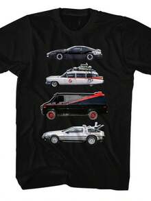 Camiseta con estampado de coches clásicos - Incluye modelos icónicos como Muscle Cars, Ecto-1, furgonetas de la A-Team y Delorean DMC-12 - Una elegante camiseta negra diseñada para fans de los coches y entusiastas del retro - Una opción de regalo perfecta para cualquier ocasión - Negro - Ver 6