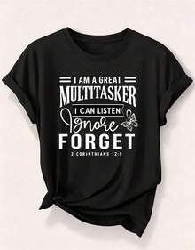 3 Fashion Item: Women's Casual Short-Sleeve T-Shirt With Prints Like "I'm A Great Multitasker," "God Is Still Writing Your Story," And "His Grace Is Enough." This Women's Short-Sleeve Crew Neck T-Shirt Is Made Of Pure Cotton, Is Breathable, And Has A Sporty, Casual Style, Making It A Great Gift For The Holidays. - 黑色 - 查看 2