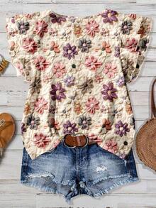Camisa ajustada de mujer con cuello redondo y mangas cortas, con estampado floral casual, adecuada para primavera/verano - Multicolor - Ver 2