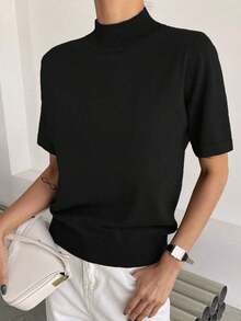 Blusa de punto acanalado con cuello alto, ropa de otoño, ropa de vuelta al colegio - Negro - Ver 3